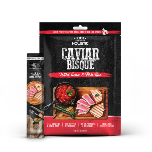 [斷貨中, 未有返貨日期, 可預訂等貨到]  Absolute Holistic 60g Caviar Bisque ((Wild Tuna & Fish Roe)) 貓狗小食 無穀物高級濃湯肉泥 吞拿魚+飛魚子 (12克X5獨立包裝) (AH4044) 